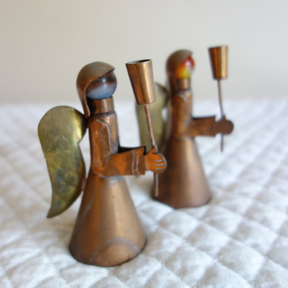 Vtg MCM Pair of Copper Candle Holder Angels w/ marble heads